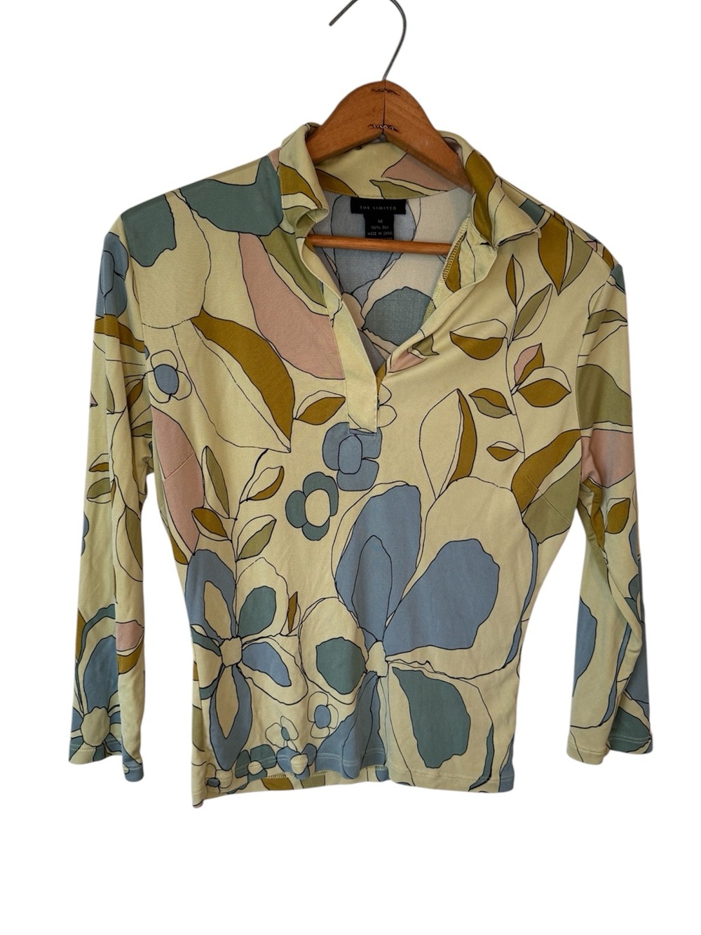 The Limited 100% Silk Floral Blouse Split Neck Long Sleeve Top 70s Y2K